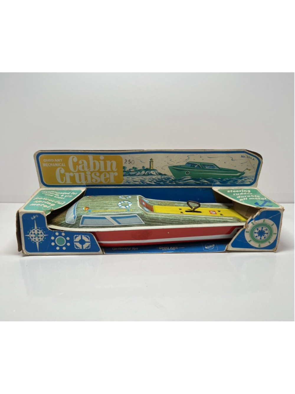 Ohio Art Mechanical Cabin Cruiser No.101A / Tin wind up toy boat/ W Box Working